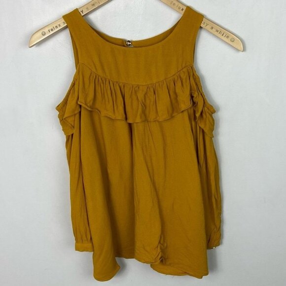 Anthropologie Maeve Brearly‎ Mustard Yellow Open Shoulder Ruffle Top Size 2 Boho - Picture 13 of 15